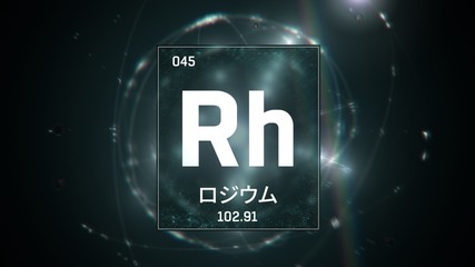 3D illustration of Rhodium as Element 45 of the Periodic Table. Green illuminated atom design background orbiting electrons name, atomic weight element number in Japanese language