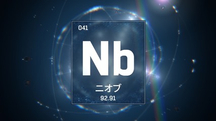 3D illustration of Niobium as Element 41 of the Periodic Table. Blue illuminated atom design background orbiting electrons name, atomic weight element number in Japanese language