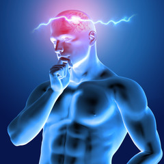 3D render of  a human figure thinking with brain highlighted
