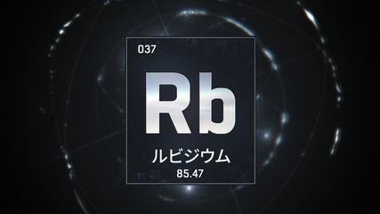 3D illustration of Rubidium as Element 37 of the Periodic Table. Silver illuminated atom design background orbiting electrons name, atomic weight element number in Japanese language