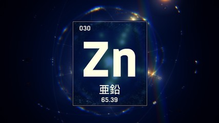 3D illustration of Zinc as Element 30 of the Periodic Table. Blue illuminated atom design background with orbiting electrons. Design shows name, atomic weight and element number
