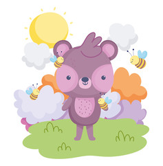 Obraz na płótnie Canvas cute animals, little bear flying bee clouds grass card