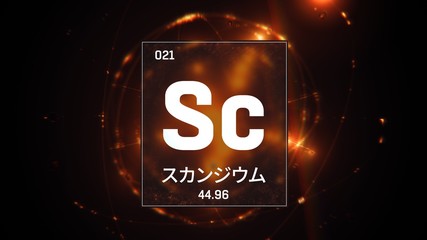 3D illustration of Scandium as Element 21 of the Periodic Table. Orange illuminated atom design background orbiting electrons name, atomic weight element number in Japanese language