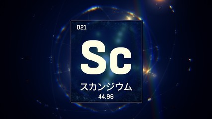 3D illustration of Scandium as Element 21 of the Periodic Table. Blue illuminated atom design background orbiting electrons name, atomic weight element number in Japanese language