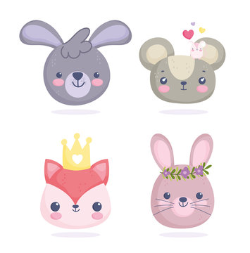 cute animals, little faces of mouses fox rabbits cartoon
