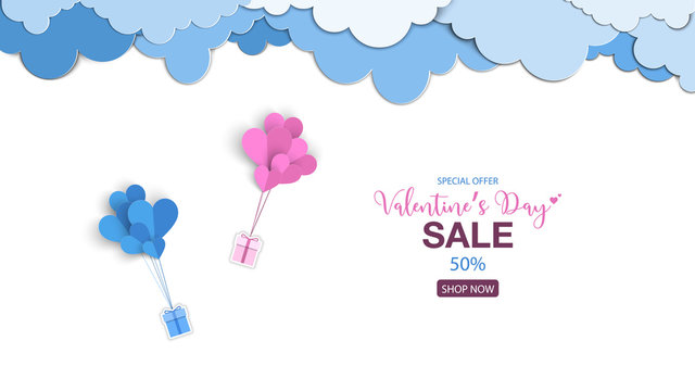 Valentines's Day with heart balloon of gift box and clouds, paper cut style