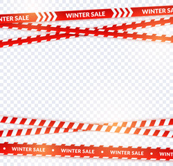 Red sale ribbon, winter tapes in festive holiday style. Horizontal sale red crossed banner set with light effect for promo, poster and website. Vector cartoon illustration on transparent background.