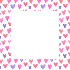 Watercolor hearts frame. Square Valentine's day frame. Watercolor hearts hend drawn illustration. 