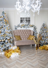 New Year's holiday or celebration, the mood, Stylish Christmas minimalistic interior, Presents and wrapped gifts under the Christmas tree. large white living room with a vintage sofa.