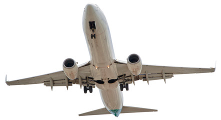 Close up of passenger plane landing overhead, a close-up airplane lands