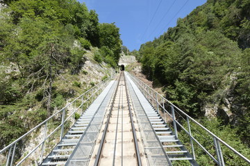 Fototapeta na wymiar steep rack railway tracks lead up the mountain