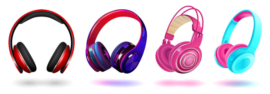Set of modern professional headphones isolated on white background, realistic vector illustration.