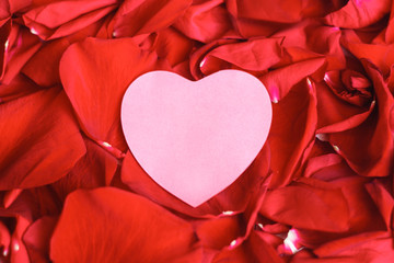 Pink heart shaped sticker with red rose petals on the white wooden table. Attributes for the celebration of Valentine's day. Mockup, template for design. Close-up