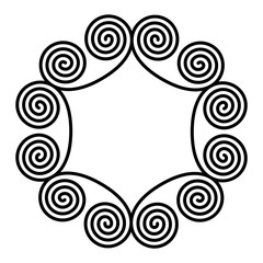 Circle frame made of double spiral ornaments. Six linear double spirals forming a decorative motif and pattern, constructed from repeated lines. Monochromatic illustration on white background. Vector.