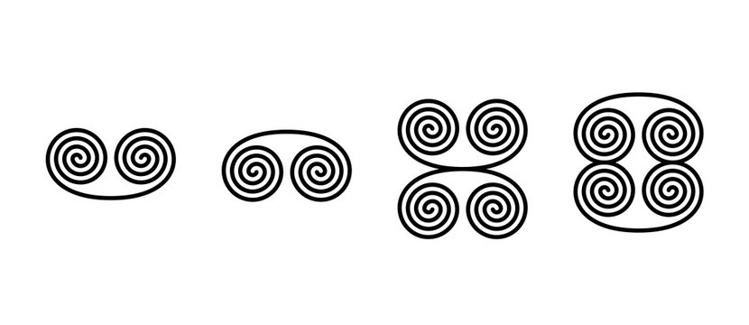 Spiral form ornaments. Two connected linear spirals forming buckle or volute shaped symbols, also combined in two different figures. Isolated black-and-white illustration on white background. Vector.
