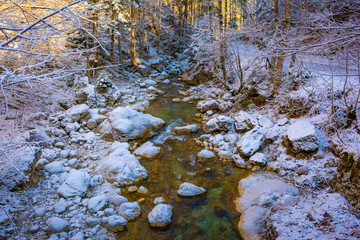 Bach mit Schnee im Winter Wald