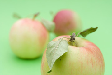 Juicy apples on green background