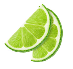 Fototapeta na wymiar Two slices of lime without shadow isolated on white background