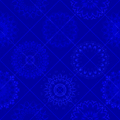 Seamless patern - blue background, prints - patterned lines, snowflakes, carved lace circles. Shades of blue. Greeting card, print on fabric, Christmas greetings.