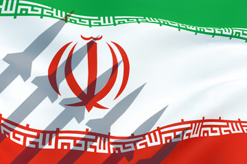 Shadow of ballistic missiles on the flag of Iran.
