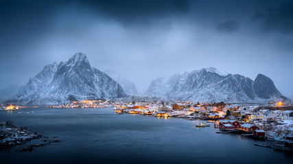 small town on lofoten islands in norway during winter arctic night