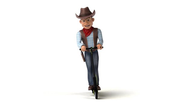 Fun cowboy cartoon character on a scooter