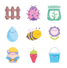 kawaii gardening cartoon characters tools collection