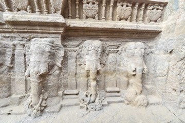 Rock-Carved Elephant Sculptures at Ellora Caves in Aurangabad