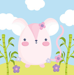 cute animals, little mouse with flowers plants clouds
