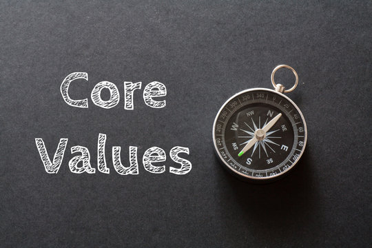 Written Core Values words on black background with compass