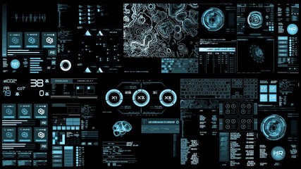 light blue Futuristic interface/Digital screen.Detailed abstract background with blinking and switching indicators and statuses showing work of command center, processing big data, machine deep learni - Powered by Adobe