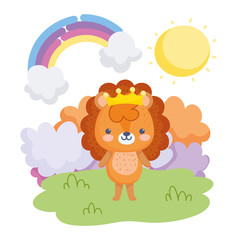 Obraz na płótnie Canvas cute animals, little lion with crown in the grass rainbow clouds sunny day
