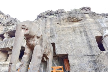 Rock-Carved Stone Elephant in Indra Sabha Jain Temple at Ellora Caves