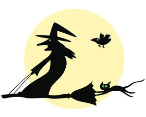 Witch and her cat  flying on a broom