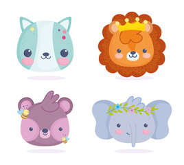 cute animals, little cat lion elephant and bear with bee cartoon
