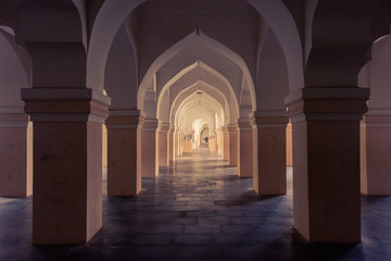 Hallway in Thanjavur Maratha Palace in Tanjore, Tamil Nadu, South India on rainy day