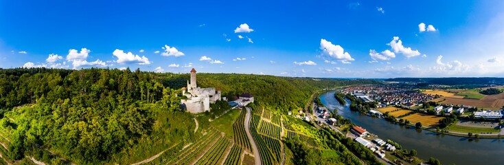 Aerial View.Hornberg Castle, Neckar, Neckarzimmern, Neckar Valley, Baden-Württemberg, Germany