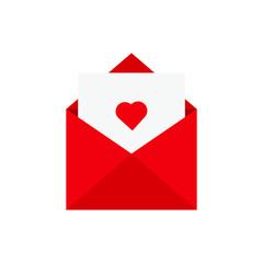 This is red envelope and paper, heart. Love letter on white background. Outline vector envelope isolated on white background.