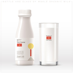 Bottle and glass of world organic milk with geometrical pattern on the label isolated on white background : Vector Illustration