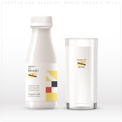 Bottle and glass of world organic milk with geometrical pattern on the label isolated on white background : Vector Illustration
