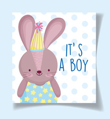 boy or girl, gender reveal its a boy cute rabbit with party hat decoration card