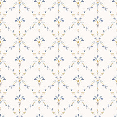 Franse shabby chic damast vector textuur achtergrond. Sierlijke bloem in blauw en geel op gebroken wit naadloos patroon. Hand getekende bloemen interieur home decor staal. Klassieke boerderijstijl all-over print