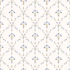 Foto op Plexiglas Franse shabby chic damast vector textuur achtergrond. Sierlijke bloem in blauw en geel op gebroken wit naadloos patroon. Hand getekende bloemen interieur home decor staal. Klassieke boerderijstijl all-over print © Limolida Studio