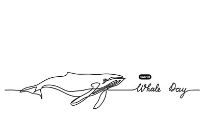 World whale day simple vector background.  Blue whale with lettering illustration.  One continuous line drawing, background, banner. © alstanova@gmail.com