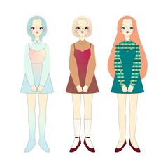 set of three cute girl character