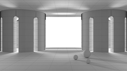 Unfinished project draft, imaginary fictional architecture, interior design of empty space with arched doors, colonnade and porch, baptistery, concrete blank walls, sphere, balls
