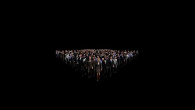 Businessmen with a businesswoman in front forming arrow shape pointing down, hd Alpha Channel