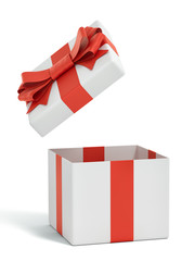 Open white gift box with red ribbon bow, isolated on white background 3d rendering