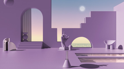 Imaginary fictional architecture, dreamlike empty space, design of exterior terrace, concrete violet walls, arched windows, pools, table with hand figurine, sea panorama, scenery