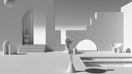 Total white project draft, imaginary fictional architecture, dreamlike empty space, design of exterior terrace, arched windows, pools, table with hand figurine, chair, decors